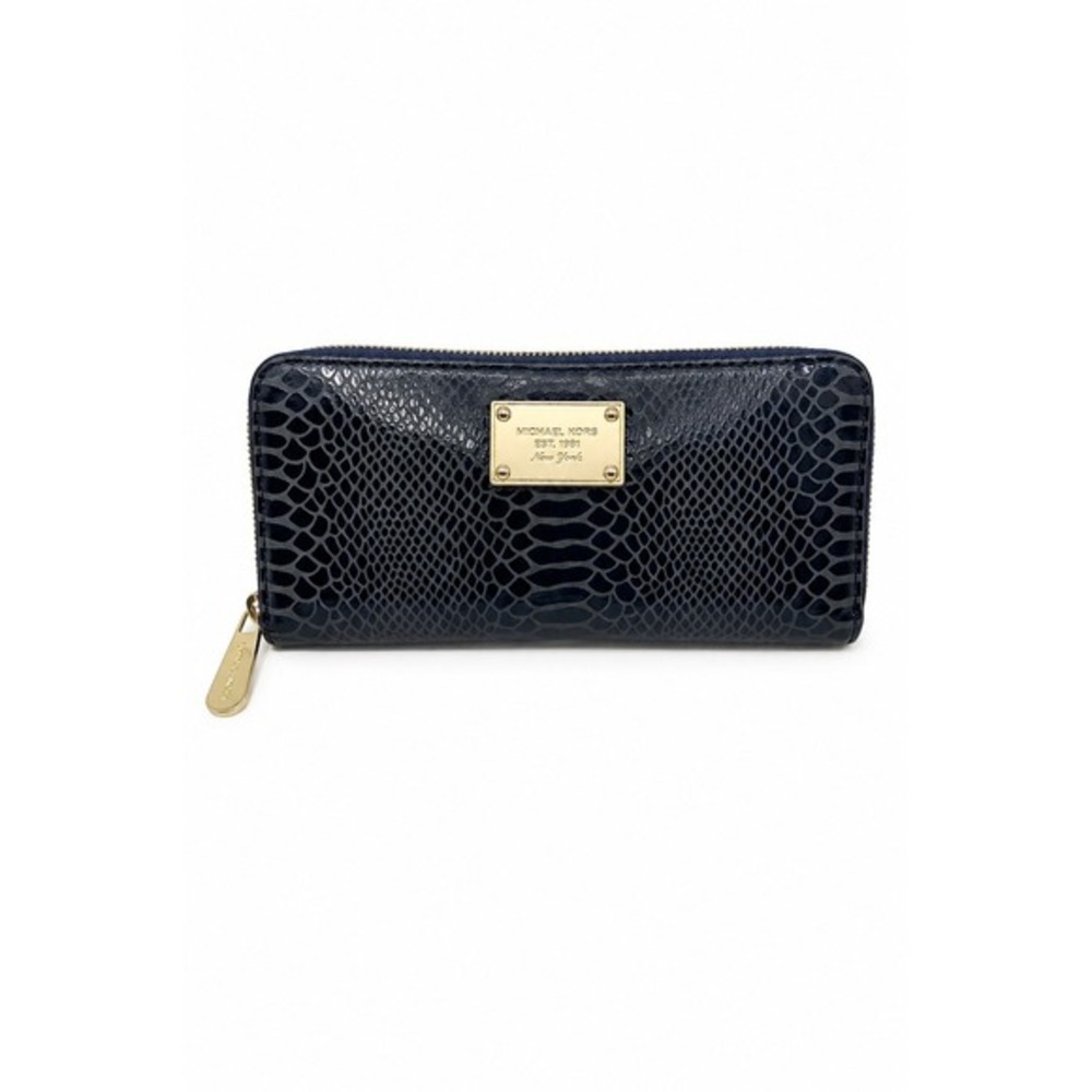 Michael Kors Snakeskin Embossed Leather Zip Around Wallet‎ Navy Blue Luxury Chic